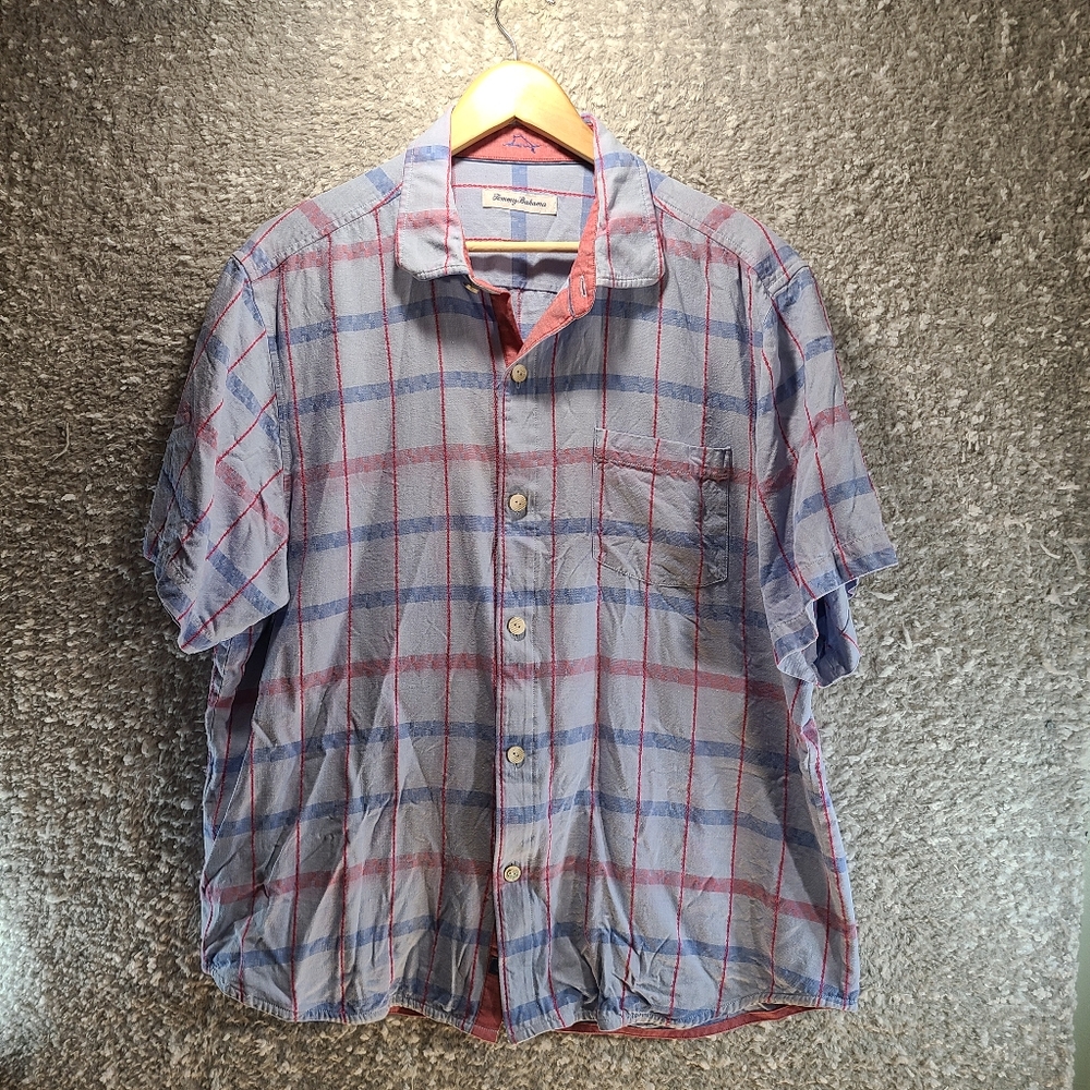 Tommy Bahama SILK Shirt Button Up Short Sleeve Large Men’s Plaid Blue